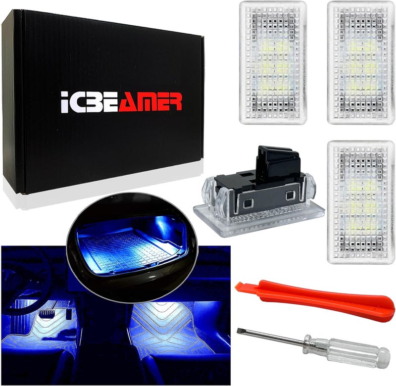 ICBEAMER For Tesla Interior LED Lights Kit: Ultra-bright, easy plug-in, with a panel removal tool. Fits Model 3, S, Y, X. Trunk, Frunk, Door Puddle, Foot-Well, Fit Tesla Accessories(4 Packs in Blue). - Image 1